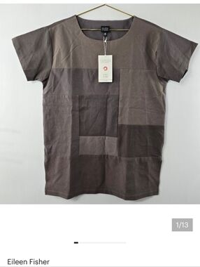 Eileen Fisher Renew Kimono Patchwork Short Sleeve Structured Tunic Top NWT Gray